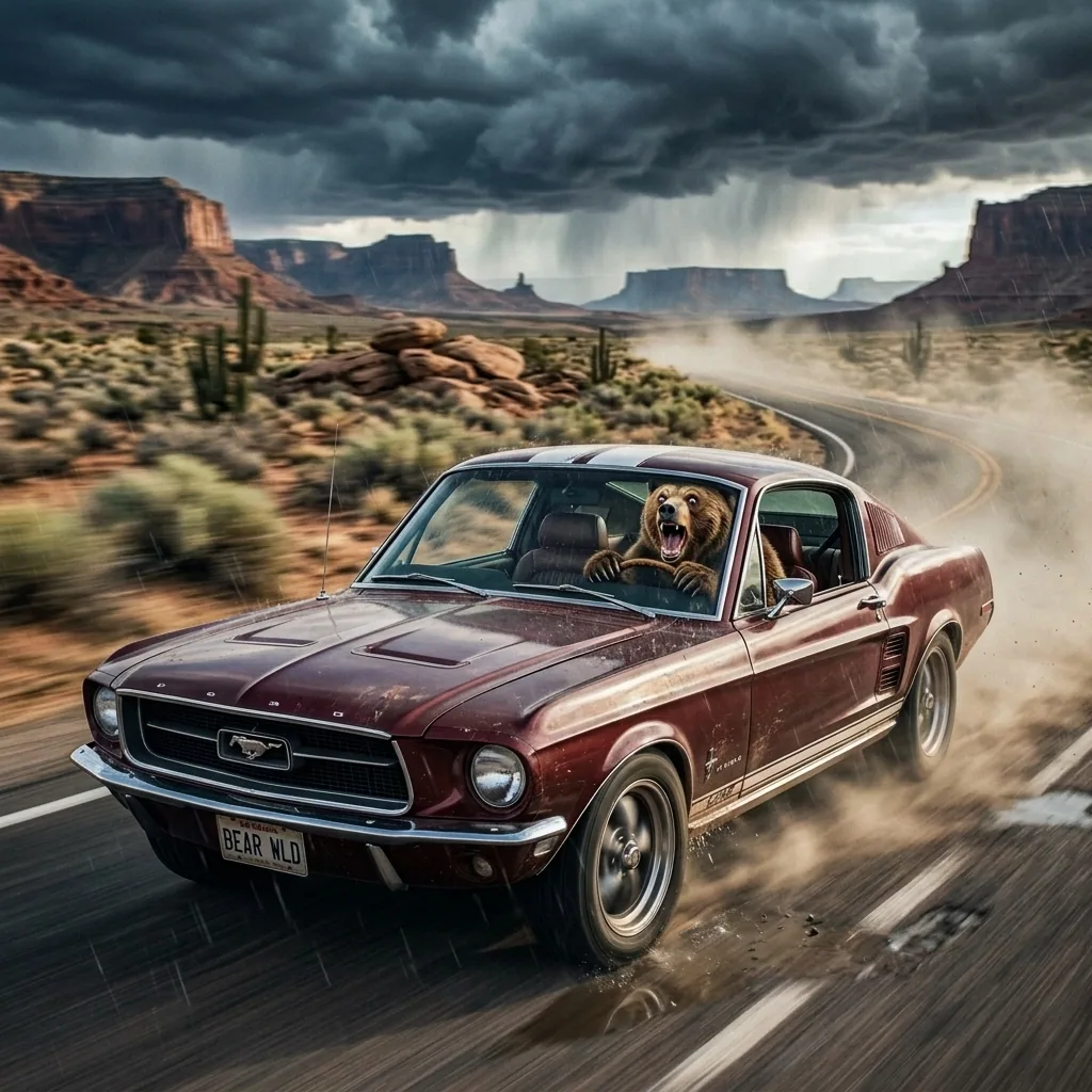 A grizzly bear behind the wheel of a vintage Mustang speeding through a desert highway