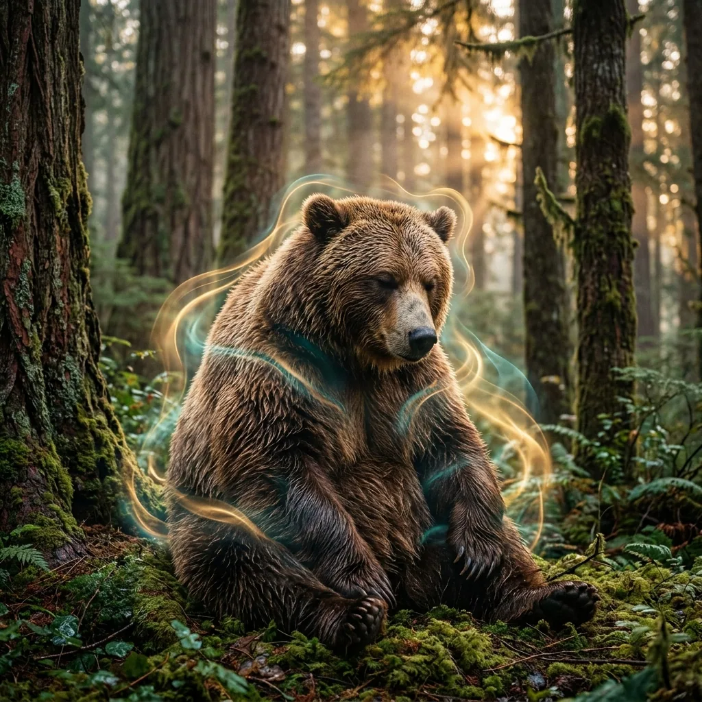 A realistic brown bear sitting calmly and breathing peacefully in a misty redwood forest, surrounded by glowing golden and teal regulatory energy waves