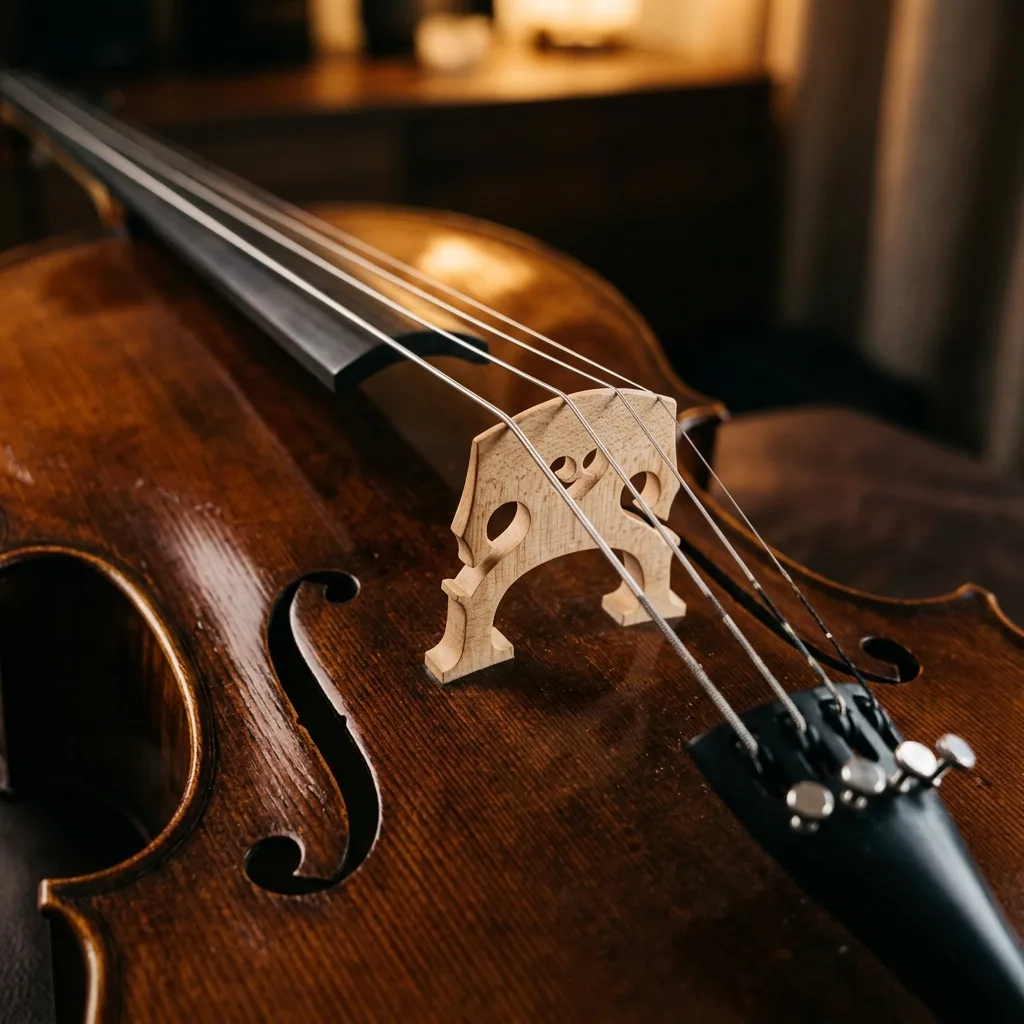 A realistic, close-up photograph of a polished cello with its metallic strings, representing precision tuning of a musical instrument.