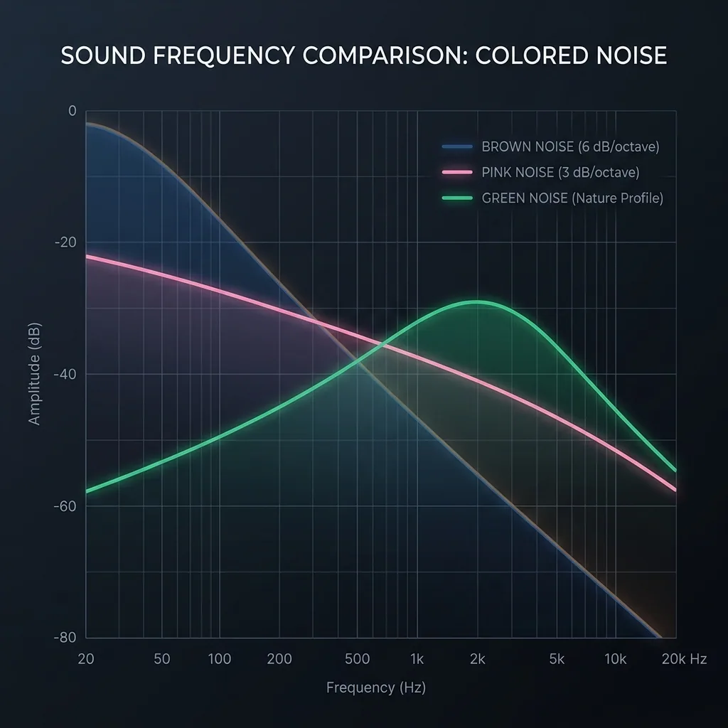 A visual representation of colored noise spectrums showing nature-mimicking green noise, rolling pink noise, and deep brown noise.