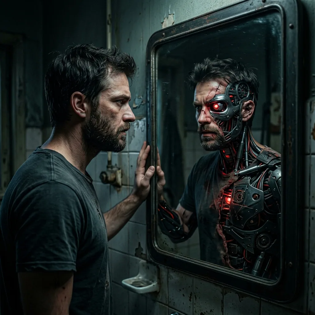 Man looking in a mirror and seeing his cyborg reflection