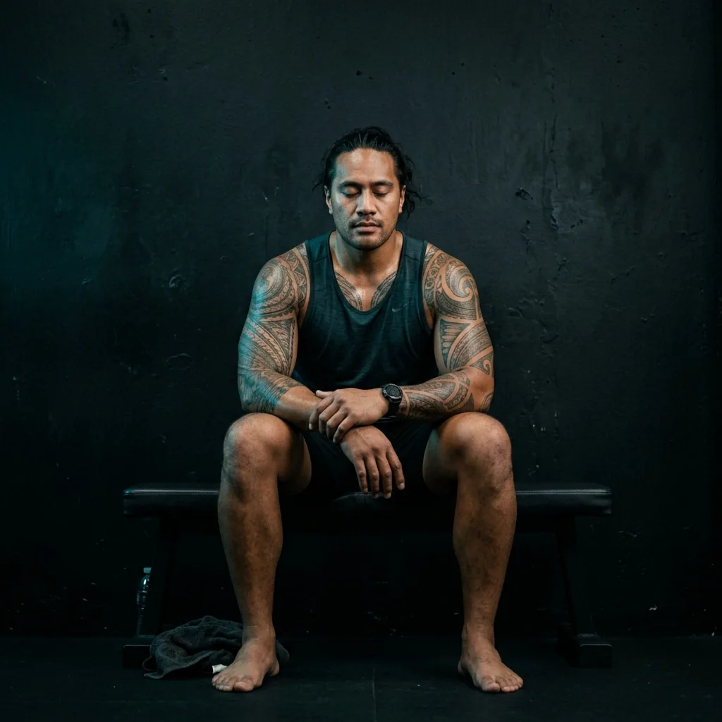 An athlete sitting peacefully at dawn taking morning recovery breaths