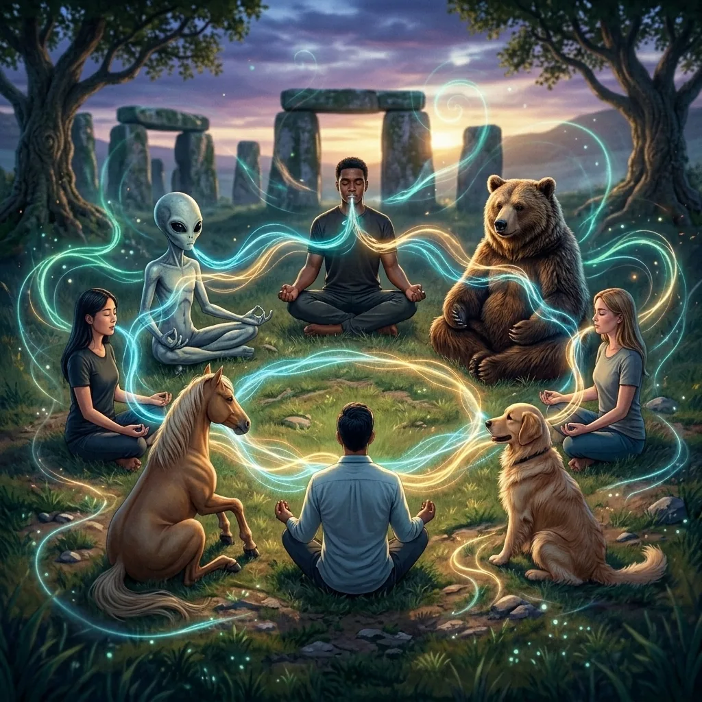 Translucent human silhouettes connected by flowing teal energy waves in a synchronised breathing circle