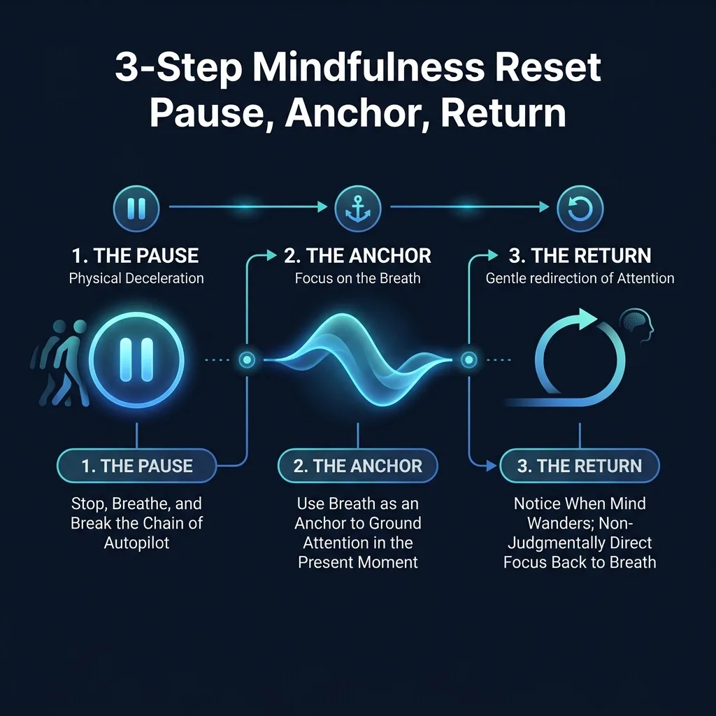 Diagram illustrating the 3-Step Mindfulness Reset: Pause, Anchor, Return.