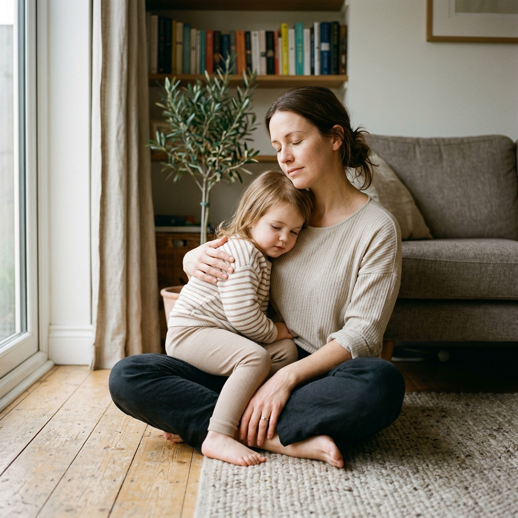 A parent and child in a calm, grounded moment of presence