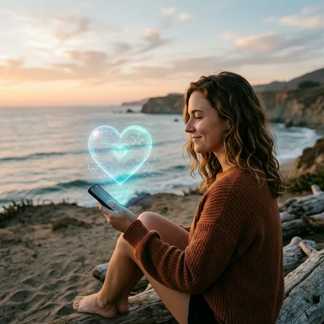 A person looking calmly at a glowing, transparent heart icon floating above a phone, with a peaceful ocean background at dusk.