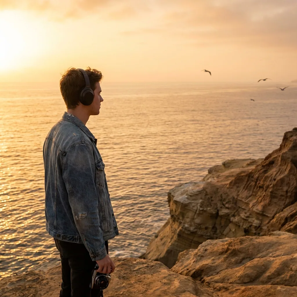 Young man with headphones looking at ocean during golden hour