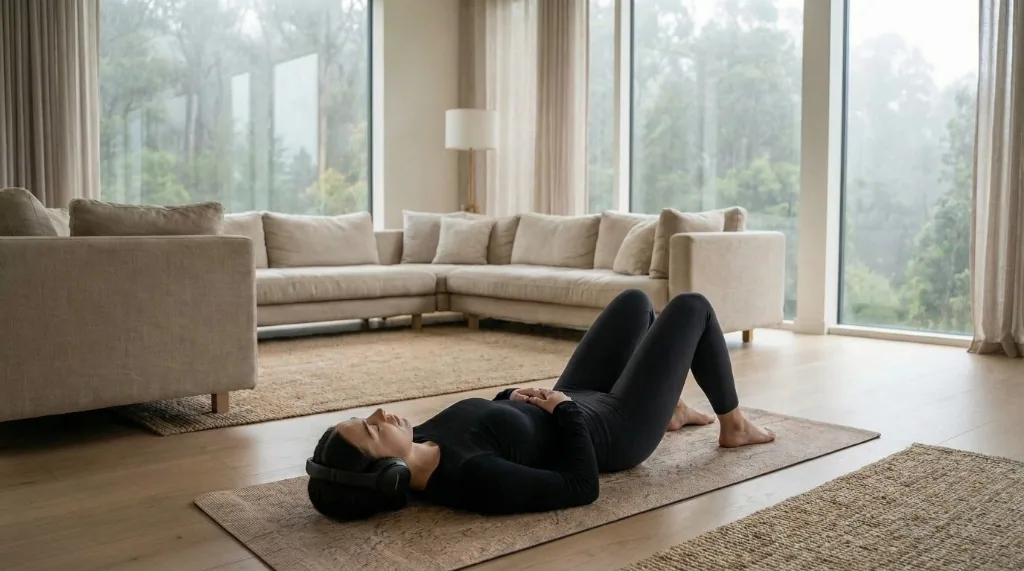 A woman practicing breathwork with headphones in a peaceful, natural environment.