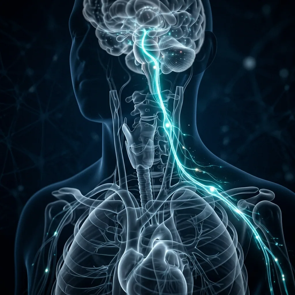 Cinematic macro POV of the glowing Vagus Nerve thread